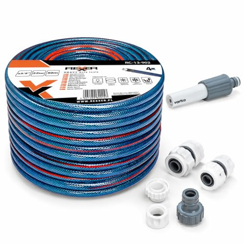 REXXER Gartenschlauch-Set 50 m, 1/2 Zoll, 4-lagig, Sprühdüse | UV-beständig, flexibel, Schnellkupplungen, Wasserhahnanschluss, für Gartenbewässerung