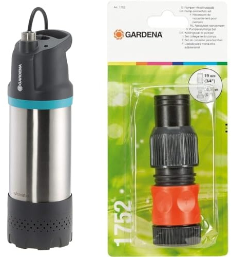 Gardena Tauch-Druckpumpe 5900/4 inox automatic & Profi-System Pumpen-Anschlusssatz: Schlauchkupplung für 19 mm (3/4 Zoll)-Schläuche