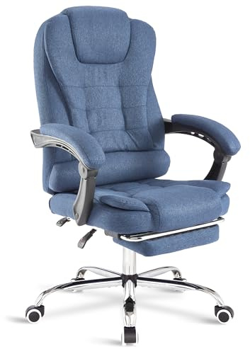 Blisswood Executive Office Chair, Computer Desk Chairs For Home Office, Ergonomic Adjustable Recliner Chair Heavy Duty 360° Swivel Gaming Chair With Footrest For Home Office, Linen Blue