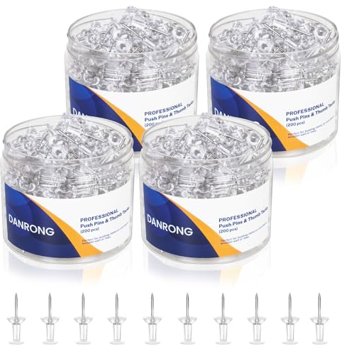 DANRONG 800 PCS Clear Push Pins, Standard Thumb Tacks for Bulletin Board, Steel Point and Clear Plastic Head, Pin Tacks for Wall Cork Board Maps Photos Calendar Hangings, Office School Supplies