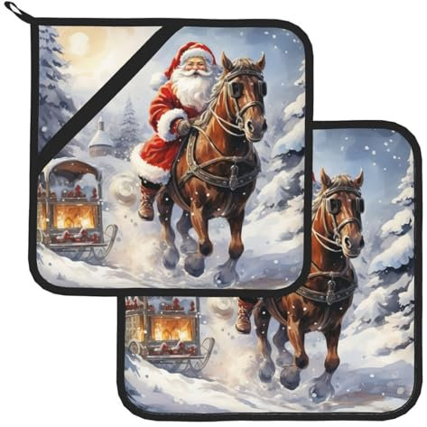 Set di 2 presine quadrate con stampa natalizia con Babbo Natale e neve, lavabili e resistenti al calore, con tasche, impermeabili, antiscivolo, per cuocere in forno, 20,3 x 20,3 cm