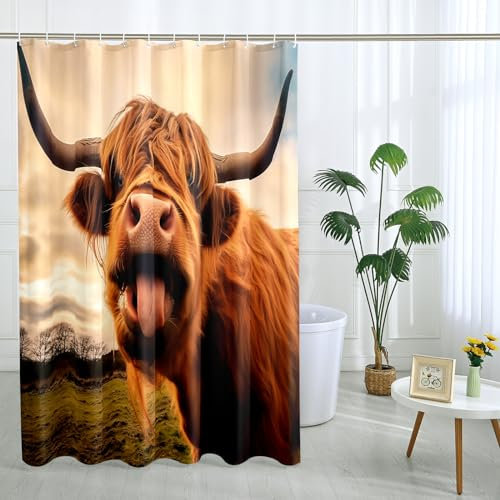 Cow Shower Curtain with 12 Hooks Funny Prairie Sky Funky Rustic Brown Polyester Room Ornaments Waterproof Decorative Bathroom Hotel Bathtub Outdoor Short Shower Curtain 72x72 Inch