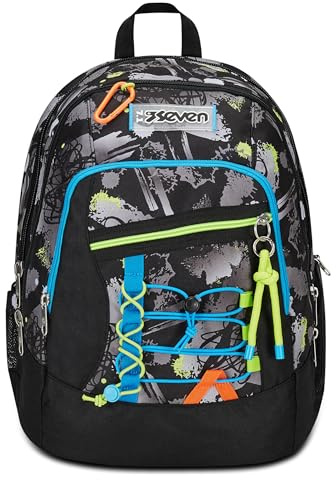 Seven Schulrucksack Advanced, Schwarz Grau, Feeling Me, Doppelter Rucksack mit Tasche für PC oder Tablet, Tasche für Trinkflasche und Organizer, Rucksack für mittlere und höhere Schulen, Kinder
