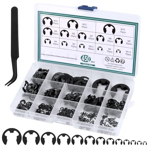 450 pièces Circlips Interne E-Clips, Circlips E-clips, Bague de Retenue Eexterne Snap Kit, Anneau de Retenue Externe Snap pour Fixer Poulies à Engrenages de Roulement, avec Boîte, 13 Tailles