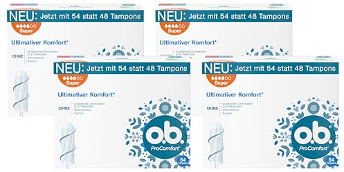 o.b. ProComfort Plus (54 Stück), Tampons für starke Tage, SilkTouch Oberfläche & Dynamic Fit Technologie für mehr Komfort und zuverlässigen Schutz während der Periode (Packung mit 4)