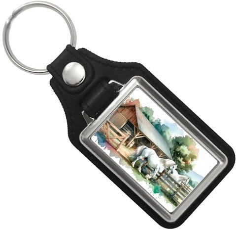 speecheese weiße Pferde auf der Koppel Schlüsselanhänger mit Kunstleder-Anhänger Hintergrund Stall-Boxen Reitsport Pferdestall ideal als Geschenk für Pferdeliebhaber