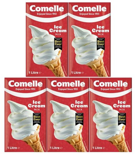 Comelle Ice Cream Mix Vanilla Soft Serve 1L Pack of 5 Instant Ready to Freeze UHT Long Life Dairy Skimmed Milk Sundea Mouse Dessert Shake with Welari Thank You Card | (5pack) (5L)