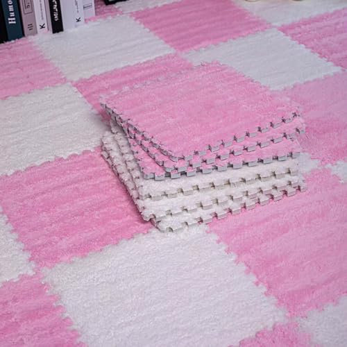 48-Teiliges Puzzle-Spielset, Teppichfliesen, Ineinandergreifende Schaumstofffliesen, Plüsch-Bodenspielset, Wohnzimmer, 30 X 30 cm (Rosa + Weiß 0,6 cm)