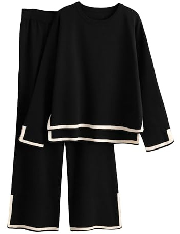 Famulily Womens Outfits Sets Going Out Crew Neck Top and Pants 2 Piece Loungewear Side Split Hem Black L