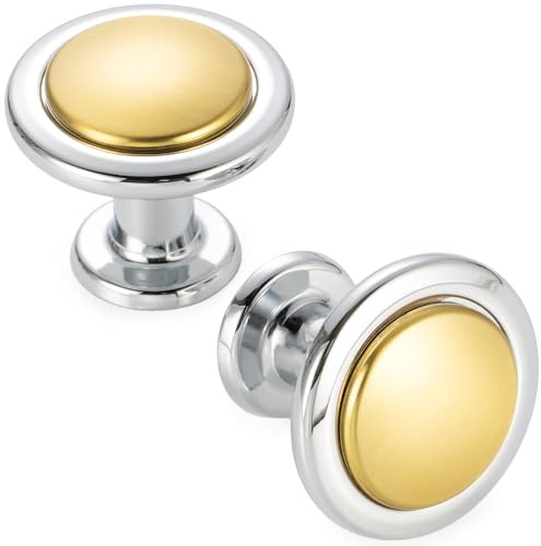 KOOFIZO 10 Pack Gold and Chrome Kitchen Cabinet Knobs Brushed Gold and Chrome Drawer Knobs 1960 Round Single Hole Cabinet Pulls for Cabinets Drawers Dresser Cupboard Bedroom Bathroom