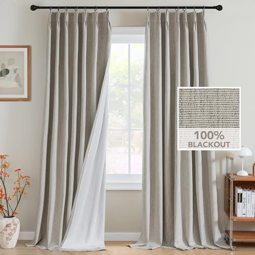 H.VERSAILTEX Pinch Pleated Full Blackout Curtains Linen Blended Chenille Blackout Curtains 84 inch Length 2 Panels Bedroom Thermal Insulated Farmhouse Neutral Track Drapes with Hooks, Heather Stone