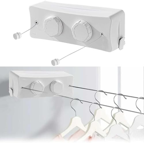 5.1M Stendibiancheria Retrattile da Parete,Corda da Bucato Riavvolgibile,Doppia linea invisibile in acciaio inox,con manopola, per balcone, lavanderia (bianco)