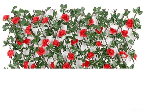 Hasaller Clôture Artificielle en Bois avec Feuilles de Fleurs Artificielles Brise Vue de Jardin Treillis Extensible Clôture en Bois Extensible (Rouge)