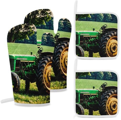Old Tractor Oven Mitts and Pot Holders Sets of 4 High Heat Resistant Non-Slip Oven Gloves Hot Pads Cooking Gloves for Kitchen Cooking Baking Grilling BBQ