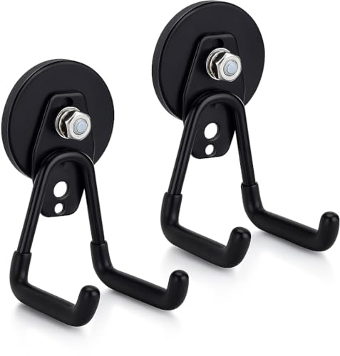 Wukong Stora magnetkrokar väggkrokar för garage – ingen borrning krävs med 70 mm gummerade magneter, tung last, dubbla krokar för stege, stol, slang, cyklar, elverktyg skrymmande