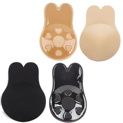 YQBFTC 2 Pairs Invisible Bra,Stick on Breast Cups,Nipple Covers Pasties,Sticky Bra Push Up,Strapless Self Adhesive Bras,Breast Tape Lift,Backless Bras for Women,for Weddings,Party(Black,Nude)