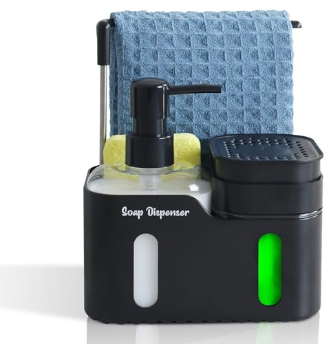 VITACHY Dispensador Jabon Cocina Negro con Dosificador de Lavavajillas y de Jabón de Manos. Organizador de Fregadero con Soporte de Bayeta Dish Soap Dispenser for Kitchen