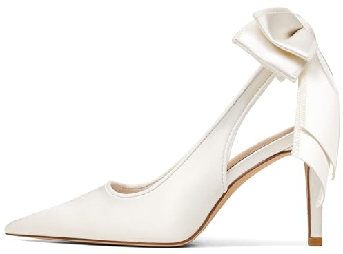 Mattiventon White Wedding Shoes for Bride Slingback Heels with Bow Tie Closed Pointed Toe Stiletto Heels Satin Dress Pumps Shoes for Prom Party