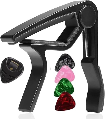 Satargo Guitar Capo for Acoustic and Electric Guitars, Black, with 4 Guitar Picks and Pick Holder