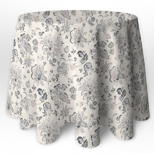 LaFábricadelasTelas - Falda o Ropa de Mesa Camilla Redonda Flores Color Gris y Beige, Fondo Crudo. Primavera Verano Loneta Estampada algodón, Faldón Faldilla enagüilla (50 Redonda)