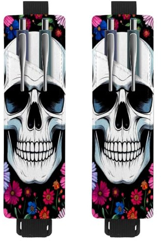 VAPOKF 2 Stück Verstellbarer Gummiband-Stifthalter für Notizbuch, PU-Leder-Stifthalter, Stifteetui für Hardcover Journals, Bücher, Planer, Ordner, Tablets - Totenkopf mit lebendigen Blumen