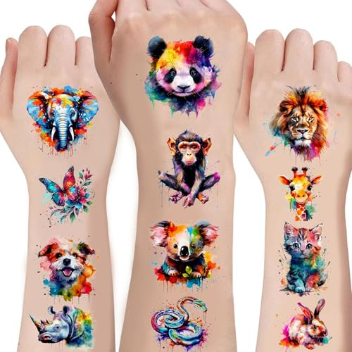 CharmeFleur 60 Stück Einzelverpackte Wasserfarben Tiere Temporärtattoos für Kinder - Süss Tiere Temporär für Mädchen Jungen Körper Arm Schulter Süss Tattoos Aufkleber