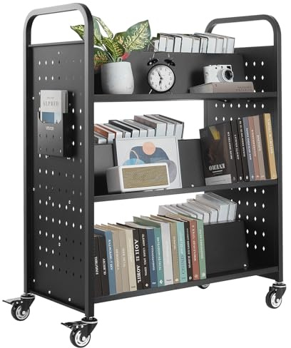 VEVOR Carro para Libros de 3 Niveles Estantería de Libros con Ruedas 97 x 51,5 x 122,5 cm Estante de Almacenamiento en Forma de W Doble Cara Carro Rodante para Biblioteca, Oficina, Escuela, Negro
