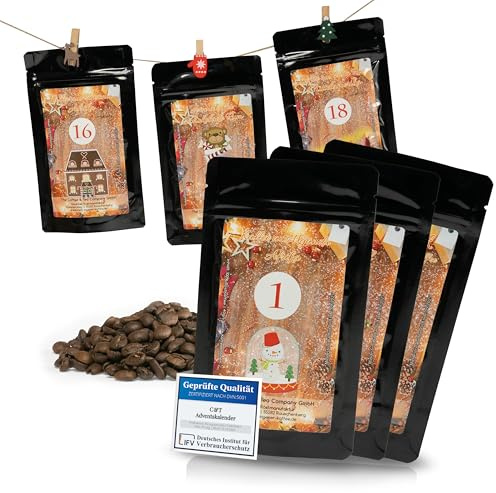 C&T Kaffee Adventskalender 2025 Ganze Bohnen zum Aufhängen | 24 Päckchen à 30g hochwertige Kaffees aus aller Welt | Exklusiver Weihnachts-Kalender mit Leine und Holzklammern
