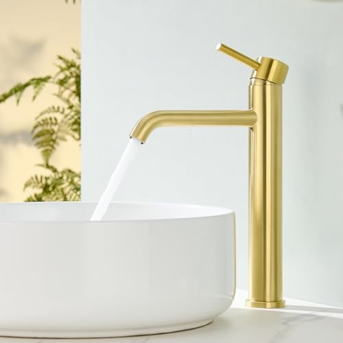 HanCrobiyx Robinet Salle de Bain, Mitigeur Lavabo Haut pour Vasque, Robinet Vasque à Poser, Mitigeur Lave Main Acier Inox, Chaud et Froid Réglable, Or Brossé, Hauteur du Bec 194 mm