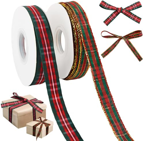 shallyong 2 Rouleaux Ruban de Noël 1.5 cm 22 m, Ruban Cadeau Rouge Vert à Carreaux, Satin Polyester, Pour Noël et Autres Occasions