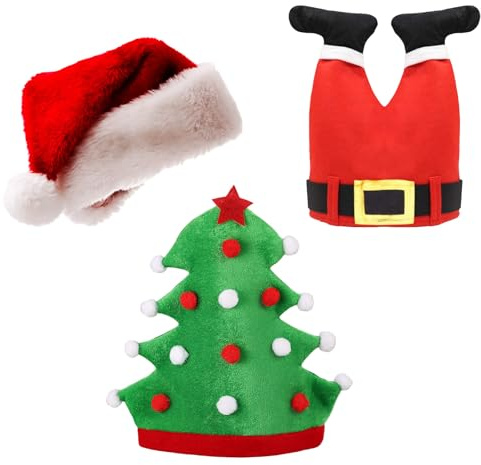 SSKHE Lustige Weihnachtsmützen 3er Set - Weihnachtsbaum-Muster + Rote Weihnachtsmütze + Weihnachtsmannhose-Muster, für Weihnachtsfeiern, Familienfotos & Festliche Anlässe