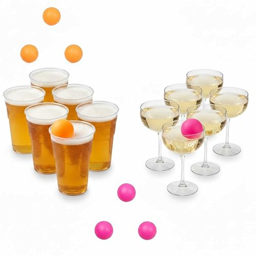 ADEPTNA Battle Pong Game – Beer & Prosecco Drinking Game Kit | Boys vs Girls Challenge Party Game | 6 Beer Glasses + 6 Prosecco Glasses & Colour Balls for Birthdays, Christmas & Hen/Sta