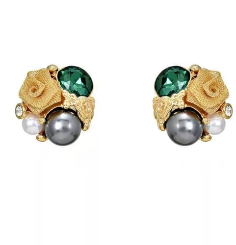 Elegant Golden Rose Women's Earrings,Inlaid with Green Gemstone &White Pearls,Noble, Elegant, and Fashionable Jewelry,Perfect for Daily Wear, Parties&Gifting