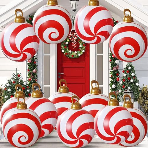 RIKAY 24 Inch Inflatable Candy Cane Christmas Outdoor Decorations Oversized PVC Giant Christmas Balls Large Xmas Decorations Hanging Ornaments for Garden Yard Lawn Front Porch Party Decor