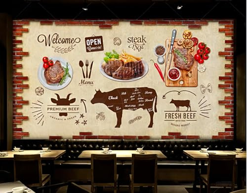 Tapet Retro nostalgisk tegelvägg biff västerländsk restaurang dekorativ målning kafé restaurang väggmålning, 3D, 200x140 cm