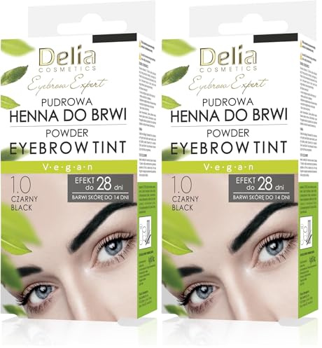 Delia Cosmetics Pulver-Augenbrauenfärbung - Schwarz - Natürliche Kräuter & Farbe - Betonte, verdunkelte, verdickte Augenbrauen - 20 einfache Anwendungen / 4 Wochen - Komplettes Augenbrauenfärbeset