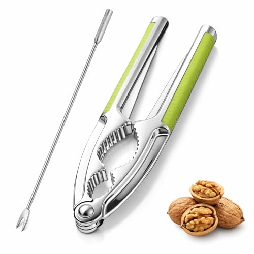 JJUNW Nut Crackers Nutcracker, Heavy Duty Walnut Cracker Tool, with Forks/Picks Seafood Cracker Walnut Opener Tool with Green Non-Slip Handle