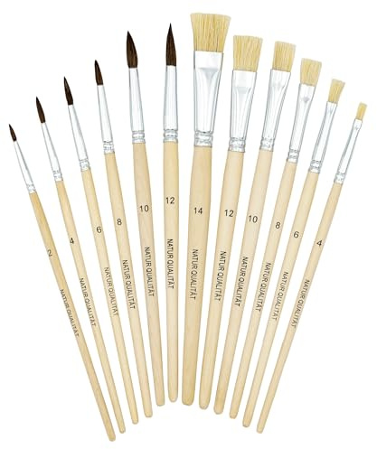 TSI Schulmalpinsel-Set Natur 12tlg, 6X Haarpinsel (Größe 2,4,6,8,10 und 12) und 6X Borstenpinsel (Größe 4,6,8,10,12 und 14), Schaft Naturbelassen, Holz, Art. Nr. 49139