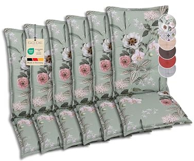 GO-DE Textil Bequeme und attraktive Polsterauflagen für Hochlehner-Gartenstühle (6er-Set, Orchidee Salbei, Hochlehner)