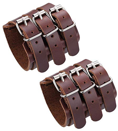 LOLIAS 2PCS Pulsera Cuero Genuino para Hombres Mujeres Cinturón Pulsera Ancha Hebilla Sujeción Brazo Armadura Brazalete Unisex Pareja Brazalete, Negro/Marrón