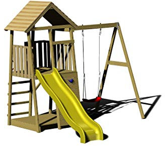 Wendi Toys J3 Spielturm aus Holz mit Rutsche & Einzelschaukel – Kletterturm Kinder Garten mit Sandkasten, FSC-Holz, 300×270×270 cm, wetterfest, Stelzenhaus Mir Rutsche