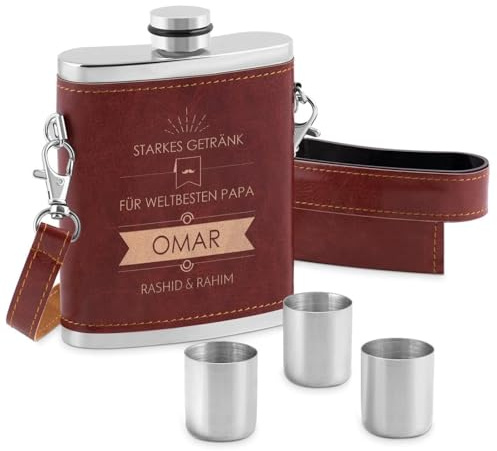 Maverton Flachmann mit Gravur - personalisiert - 250 ml - 3x10 ml Becher - aus Edelstahl - Ledertasche mit Riemen - Geburtstagsgeschenk für Männer - Farbe: Silber/Braun - Weltbester