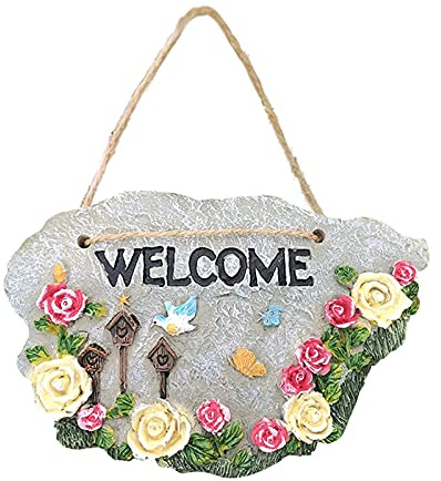 Backbayia Welcome Sign Rustic Plaque Resin Welcome Board Ornaments Art Crafts for Farmhouse Garden Patio Lawn (D with Letter Box)
