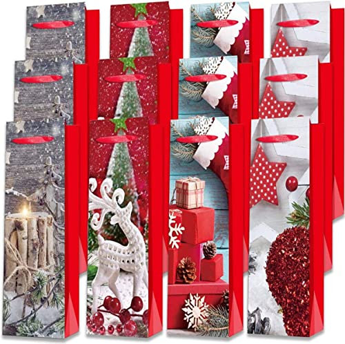 Flaschentüten Weihnachten Geschenktüten Weintragetasche -12 Stück- Flaschentasche Weinverpackung im 4 Design. Perfekt für Geburtstage, Dinnerparty und Geschenk