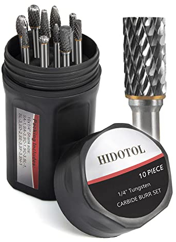 HIDOTOL Carbide Burr Set 1/4 Shank 10PC Tungsten Double Cut Carbide Rotary Burr Set for Metal and Wood Carving, Grinding, Polishing, Engraving, Drilling in Sturdy Round Case.