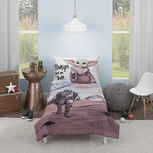 Star Wars The Mandalorian - Juego de Cama de 4 Piezas para niños pequeños, Color Gris, marrón y Azul, edredón, sábana Inferior Bajera, sábana encimera Plana y Funda de Almohada Reversible