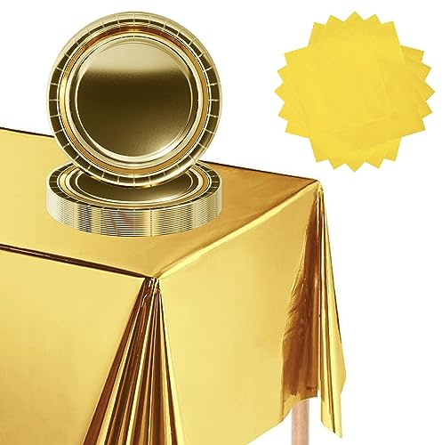 POPOYU 37 Pcs Gold Party Tableware Gold Foil Tablecloth Metallic Foil Paper Plates 9 Inch Napkins Gold Dinnerware Set for Birthday,Anniversary,Baby Shower,Wedding,Holiday Party Supplies