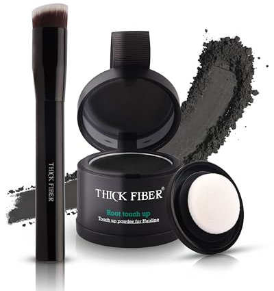 THICK FIBER Root Touch Up & Hairline Powder with Brush 4g – Covers Grey Roots & Thinning Hair – Sweat & Water Resistant – Hair Concealer for Bald Spots & Fill-In (Black) for Women & Men