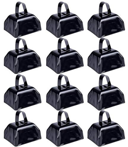 Cow Bells Noise Makers Cheering Bell: 12 Pcs Metal Cowbells with Handle for Sporting Events - Small Loud Bell Bulk Hand Percussion for Football Games Graduation Weddings-Black