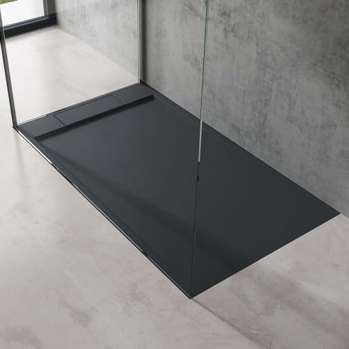 doporro Duschtasse Duschwanne 90x140x4 Mineralguss Anthrazit Ablaufgarnitur | Flache Duschwanne für bodenebene Montage mit DIN-Anschlüssen – stabil & pflegeleicht für moderne Duschen Geoma04